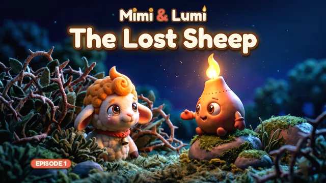 Mimi the lamb caught in thorns at night while Lumi the lamp glows beside her