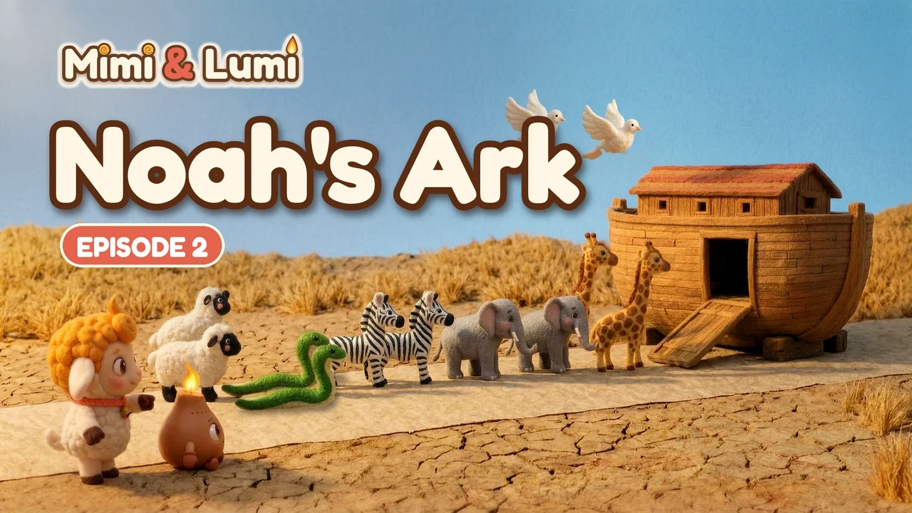 Mimi the lamb and Lumi the lamp watching the animals line up two by two to go into Noah’s ark