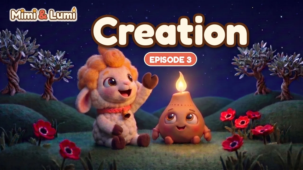 Mimi the lamb waving and Lumi the lamp smiling in a night meadow under the stars, with the title Creation
