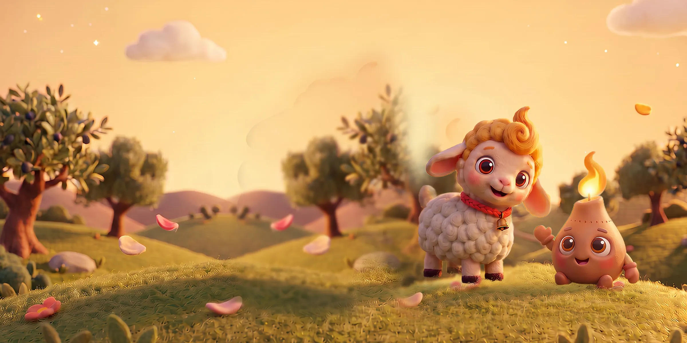 Mimi the little lamb and Lumi the clay lamp smiling on a sunny meadow