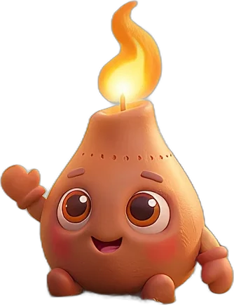 Lumi, a small clay oil lamp with a friendly face, little arms and a bright flame