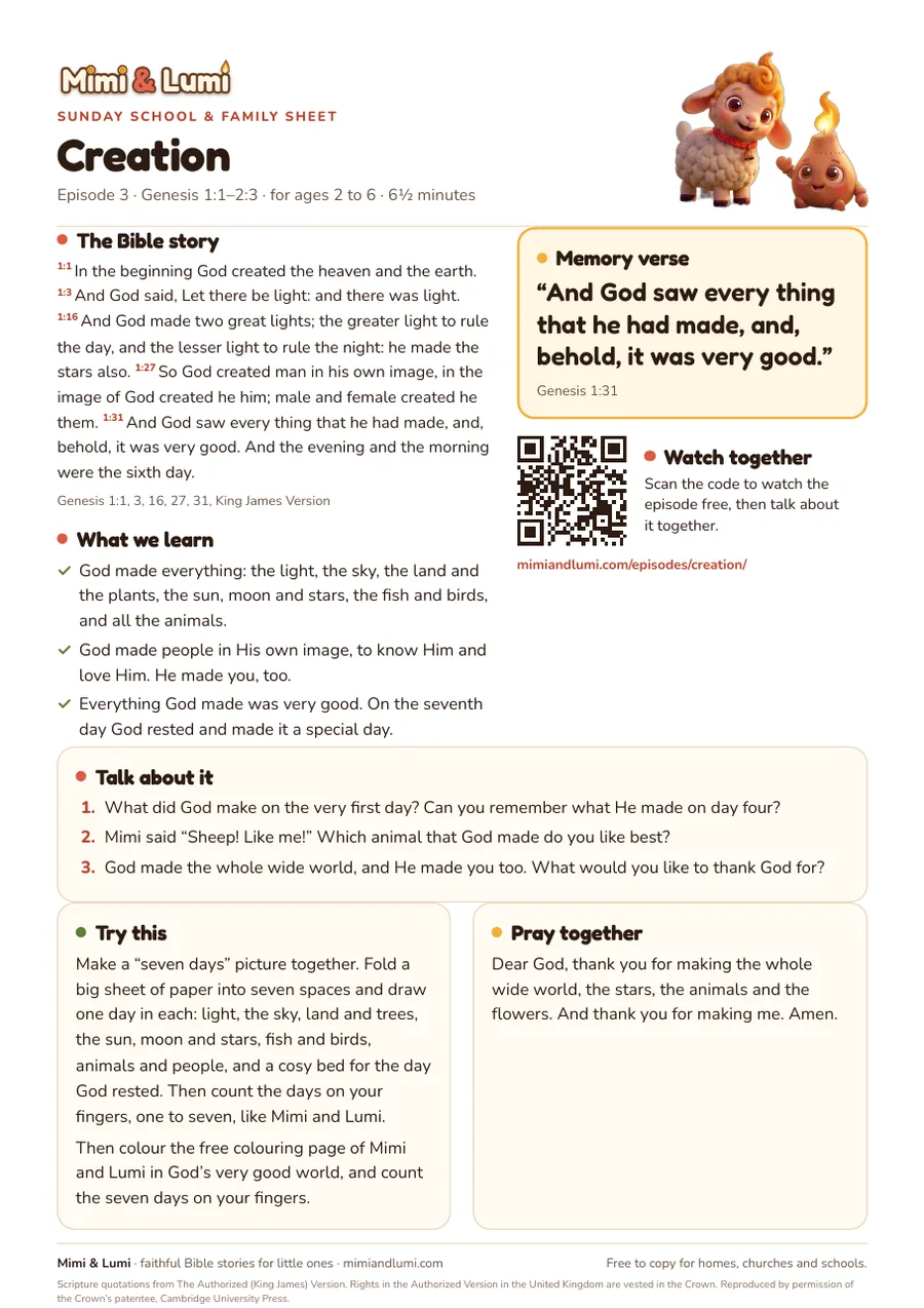 Preview of the Creation sunday school & family sheet