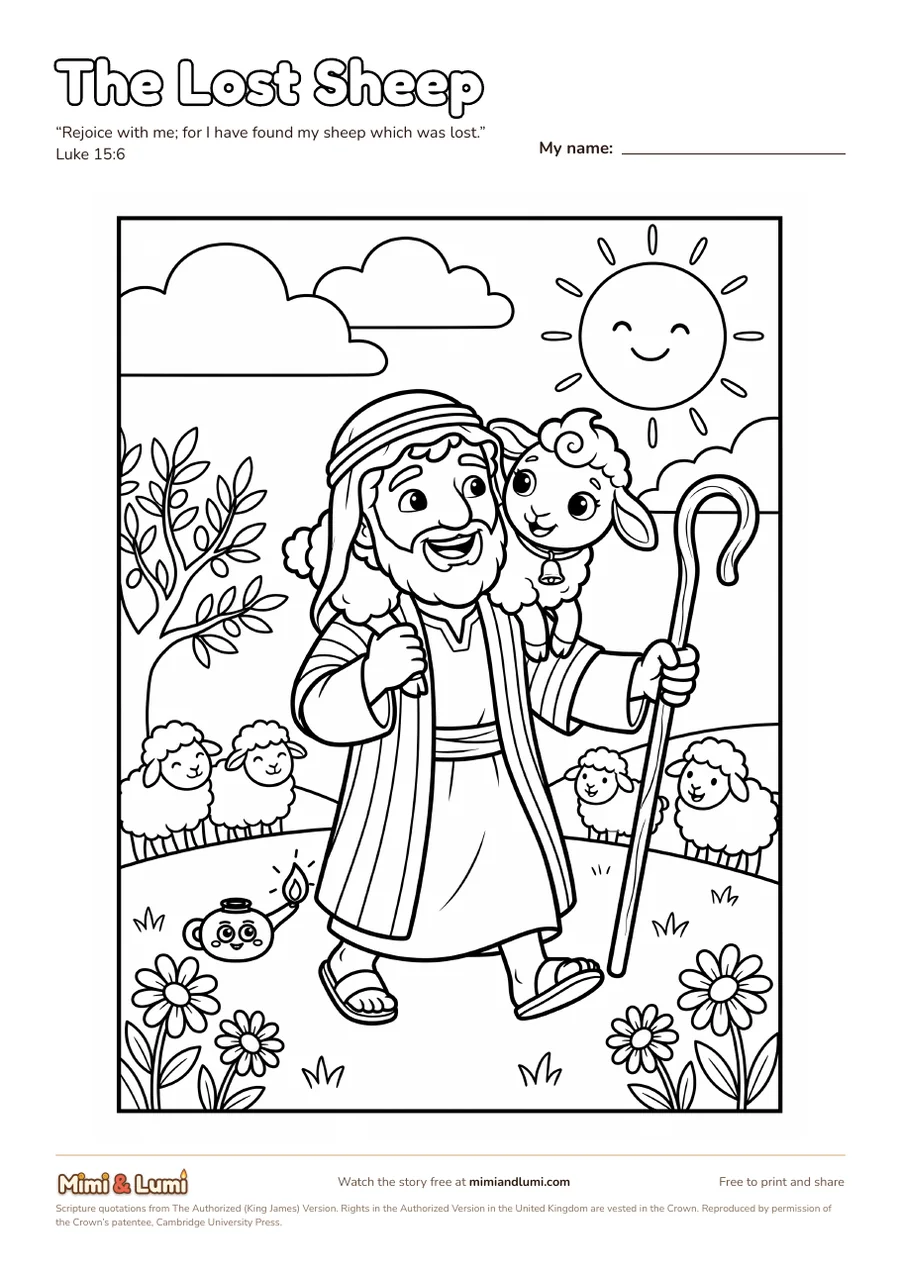 The Lost Sheep colouring page: the shepherd carrying Mimi home
