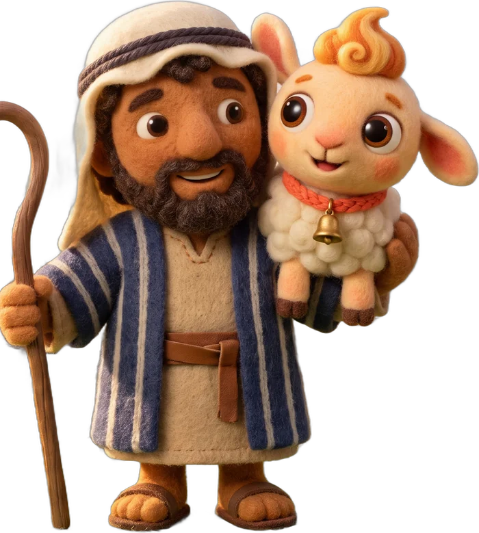 A kind shepherd with a staff, carrying Mimi the lamb on his shoulders