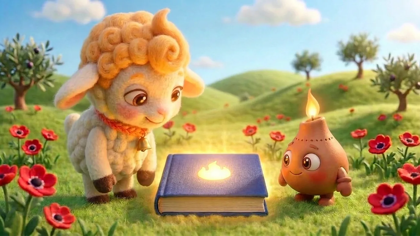 Mimi the lamb and Lumi the lamp in a meadow of red flowers as their blue storybook begins to glow